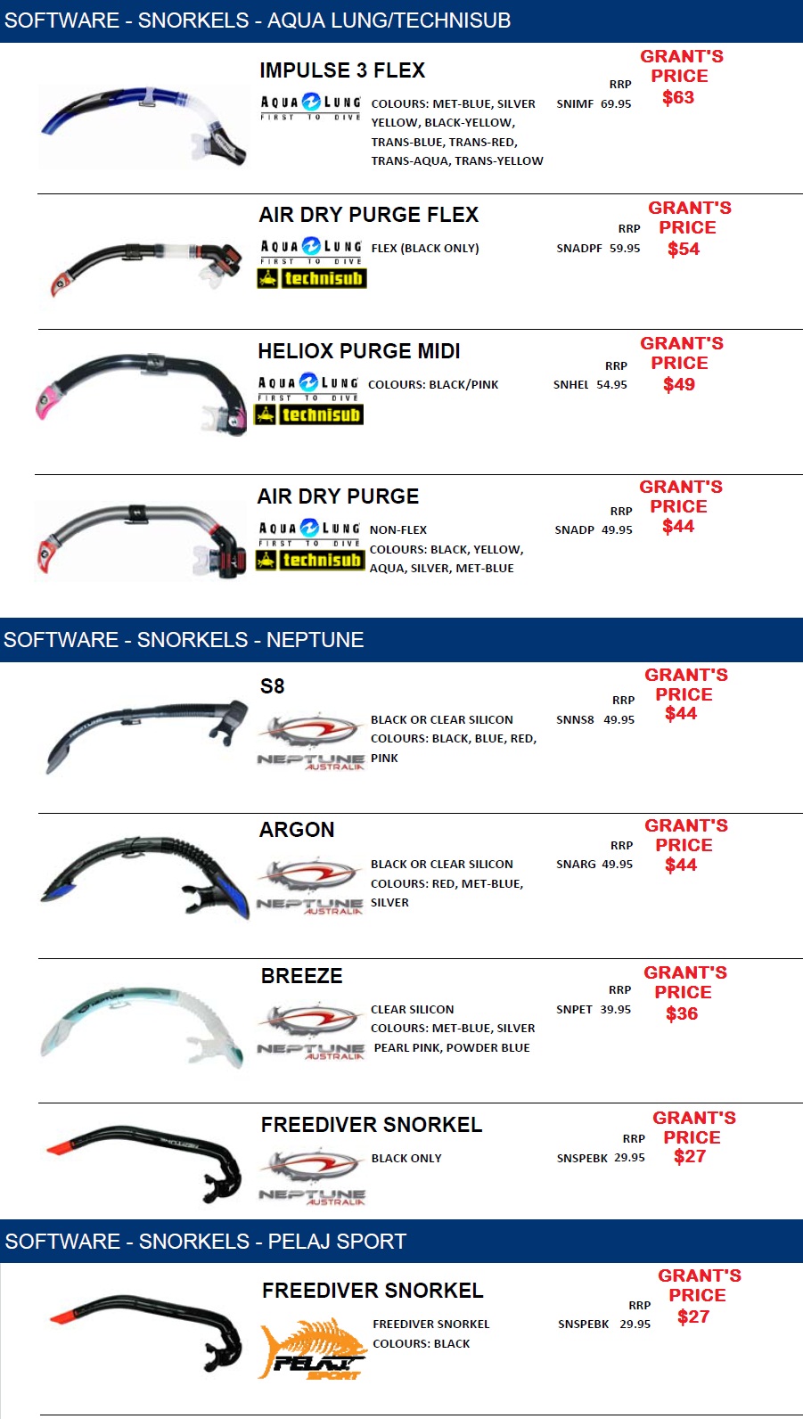 AQUA LUNG / TECHNISUB / NEPTUBE / PELAJ SNORKELS