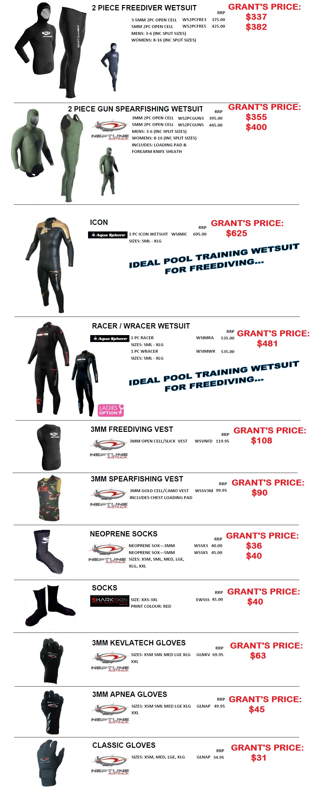 RPEARFISHING WETSUITS NEOPRENE VESTS  GLOVES