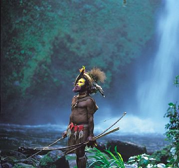 Huli Warrior and Waterfall