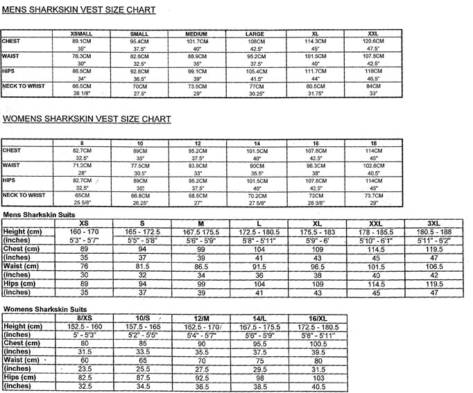 Sharkskin Size Chart