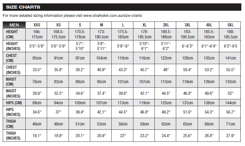 Sharkskin Chillproof Size Chart